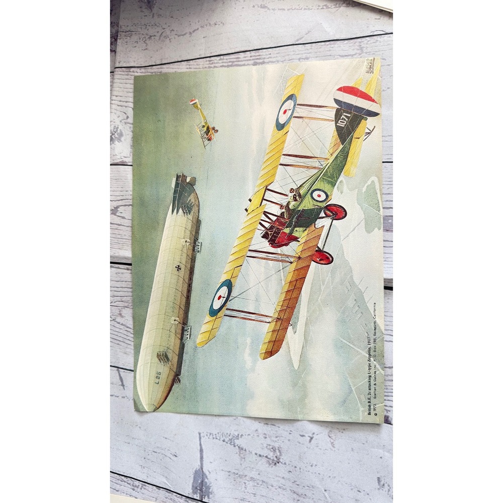 Vintage 1973 British B.E. 2c Attacking Zeppelin WWI Aviation Art Print Litho